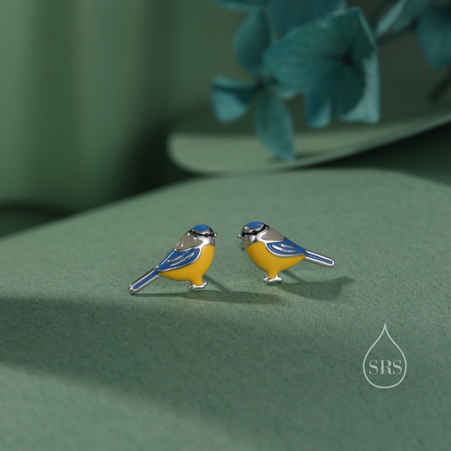 Blue Tit Bird Stud Earrings in Sterling Silver, Silver Blue Tit Earrings, Hand Painted Enamel Blue Tit Earrings, Animal Earrings, Bird Stud