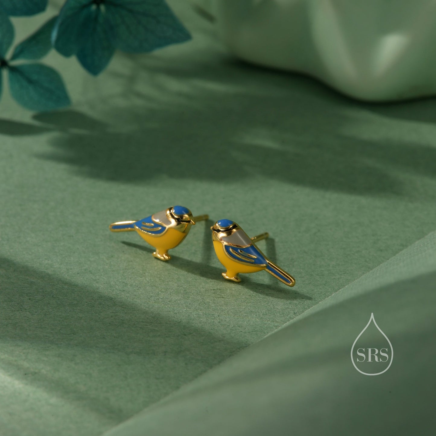 Blue Tit Bird Stud Earrings in Sterling Silver, Silver Blue Tit Earrings, Hand Painted Enamel Blue Tit Earrings, Animal Earrings, Bird Stud