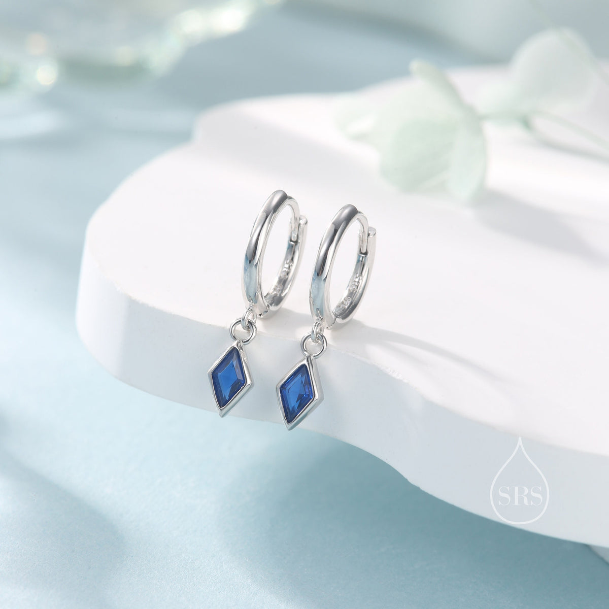 Very Tiny Rhombus Sapphire Blue CZ Huggie Hoop in Sterling Silver, Silver or Gold, Minimalist Simple Kite Shape CZ Hoop Earrings