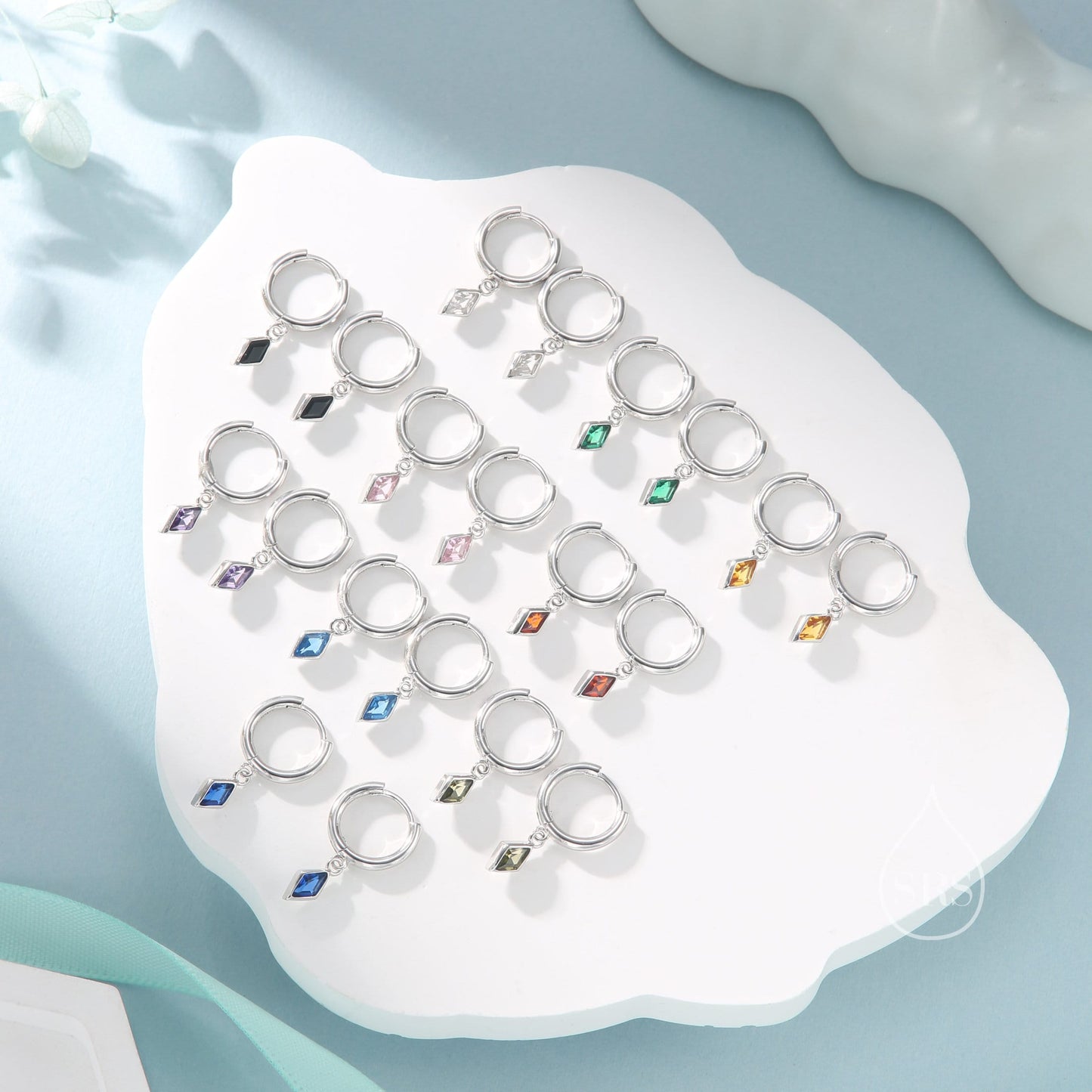 Very Tiny Rhombus Sapphire Blue CZ Huggie Hoop in Sterling Silver, Silver or Gold, Minimalist Simple Kite Shape CZ Hoop Earrings