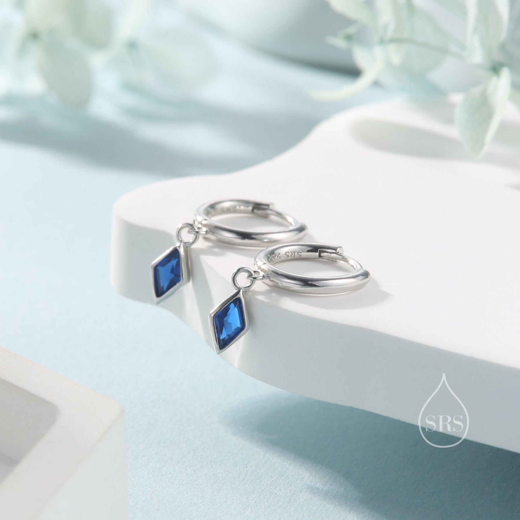 Very Tiny Rhombus Sapphire Blue CZ Huggie Hoop in Sterling Silver, Silver or Gold, Minimalist Simple Kite Shape CZ Hoop Earrings