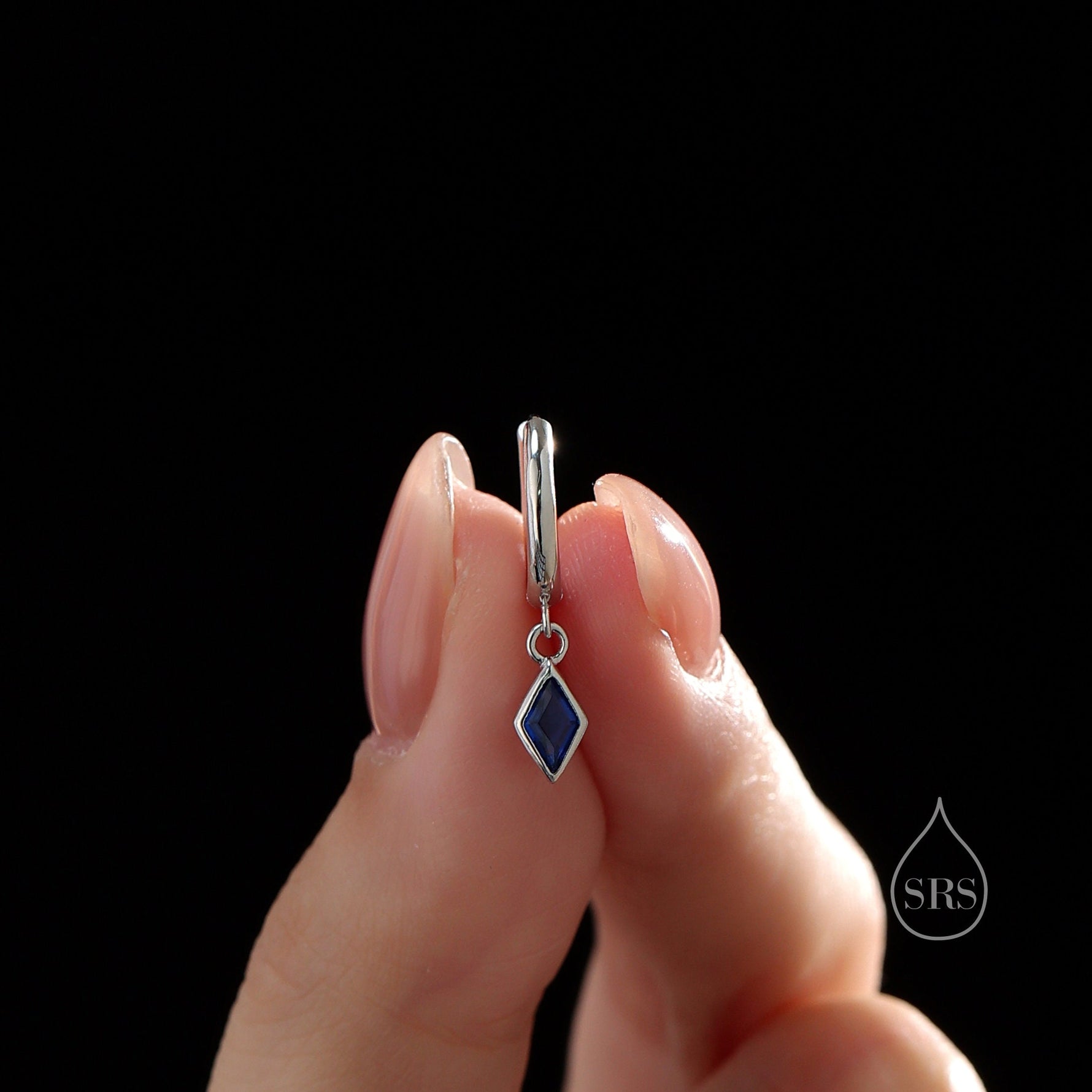 Very Tiny Rhombus Sapphire Blue CZ Huggie Hoop in Sterling Silver, Silver or Gold, Minimalist Simple Kite Shape CZ Hoop Earrings