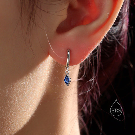 Very Tiny Rhombus Sapphire Blue CZ Huggie Hoop in Sterling Silver, Silver or Gold, Minimalist Simple Kite Shape CZ Hoop Earrings