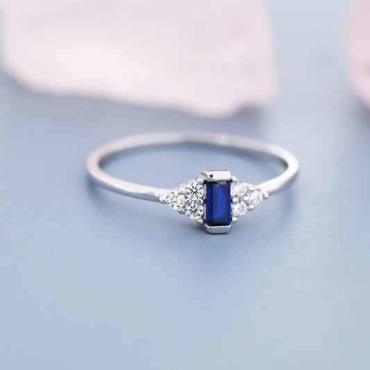 Vintage Inspired Sapphire Blue CZ Ring in Sterling Silver, Baguette Ring, Silver or Gold, Delicate Sapphire Ring, Size US 5 - 8