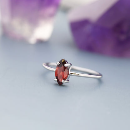 Genuine Red Garnet Ring in Sterling Silver, Natural Marquise Cut Garnet Stone Ring, Stacking Rings, US 5-8
