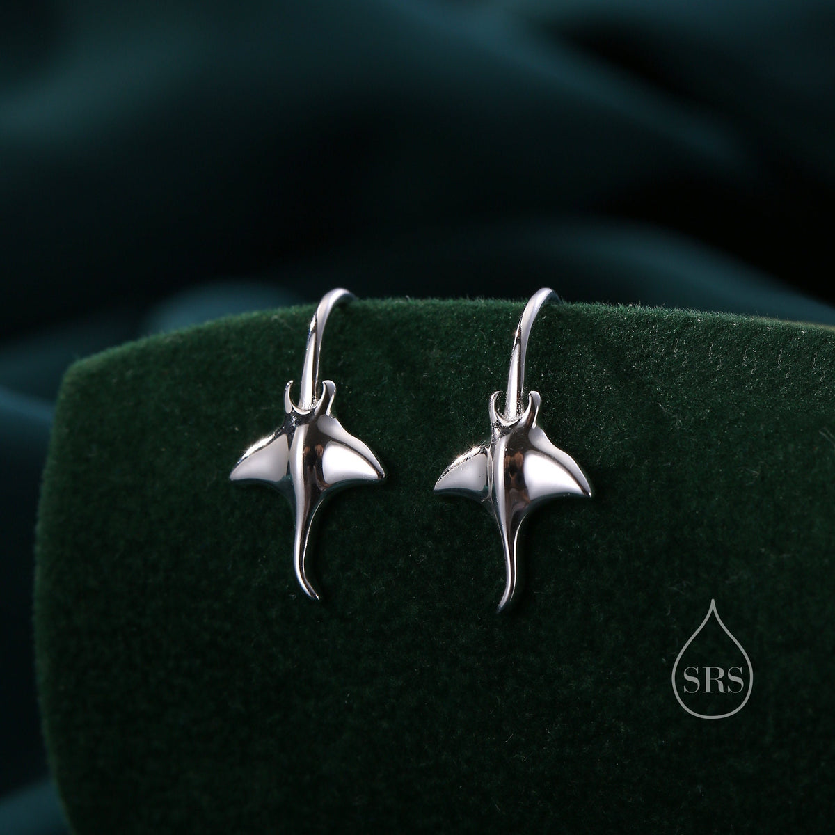 Sterling Silver Manta Ray Fish Drop Hook Earrings, Stingray Dangle Hoop Earrings, Dainty Fish Dangle Earrings