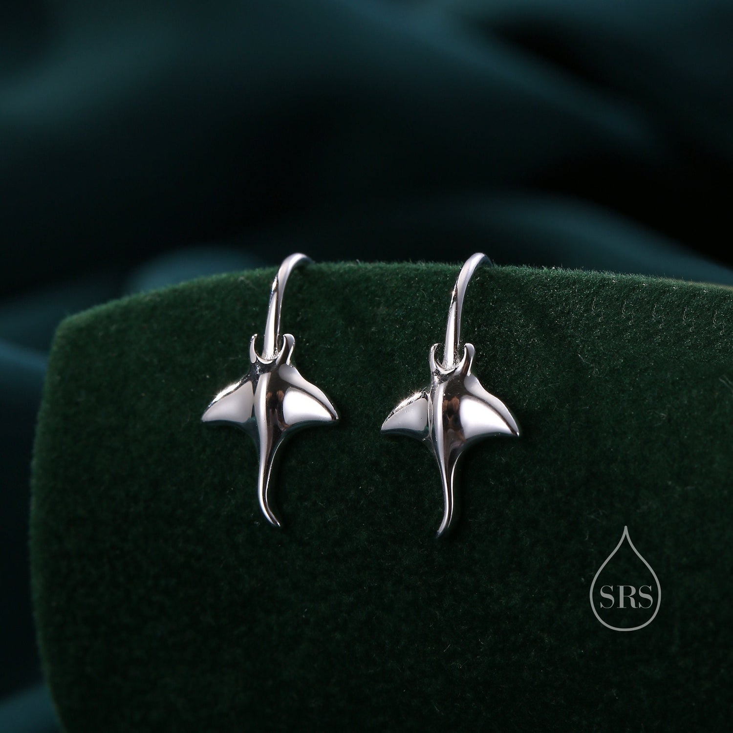 Sterling Silver Manta Ray Fish Drop Hook Earrings, Stingray Dangle Hoop Earrings, Dainty Fish Dangle Earrings