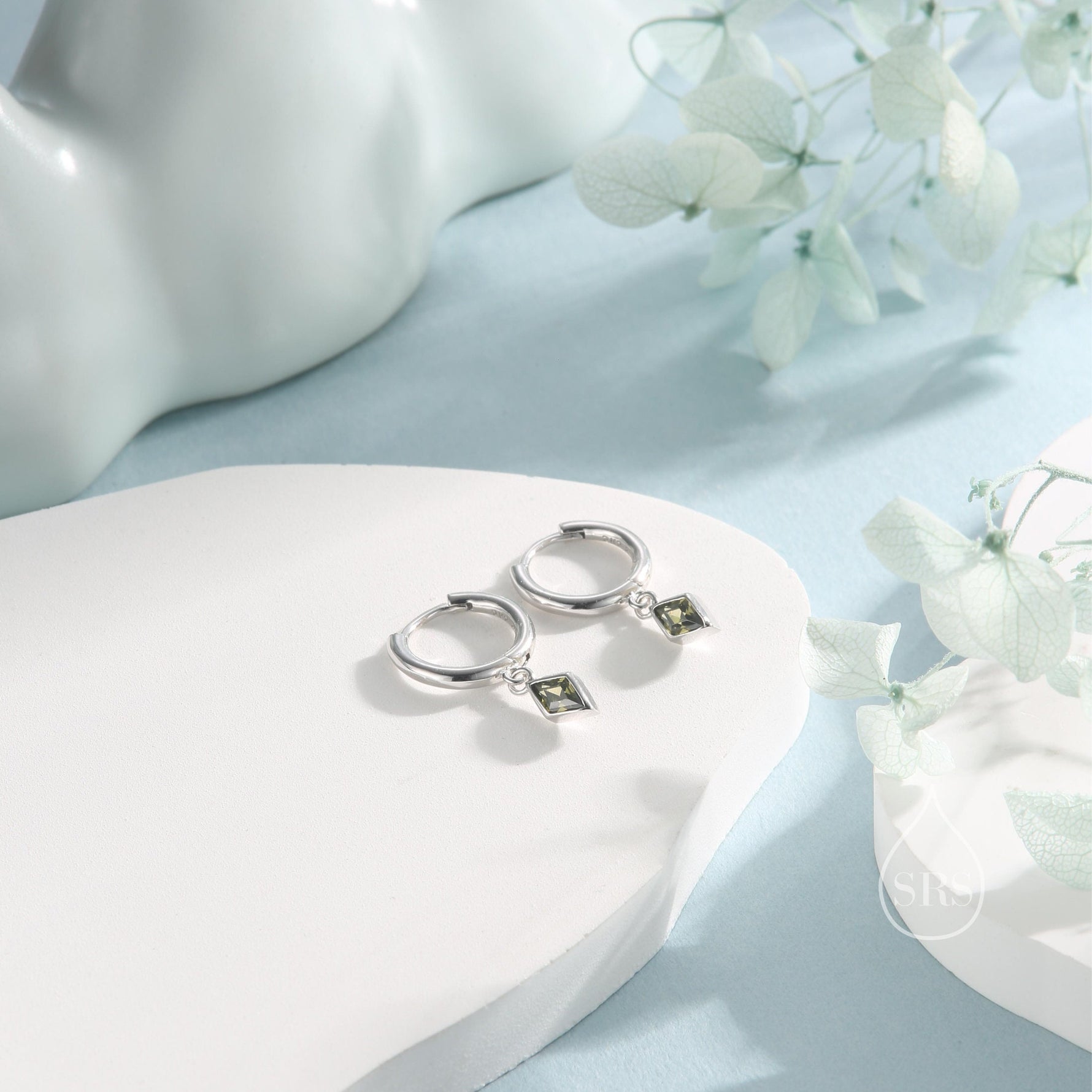Very Tiny Rhombus Olive Green CZ Huggie Hoop in Sterling Silver, Silver or Gold, Minimalist Simple Kite Shape CZ Hoop Earrings