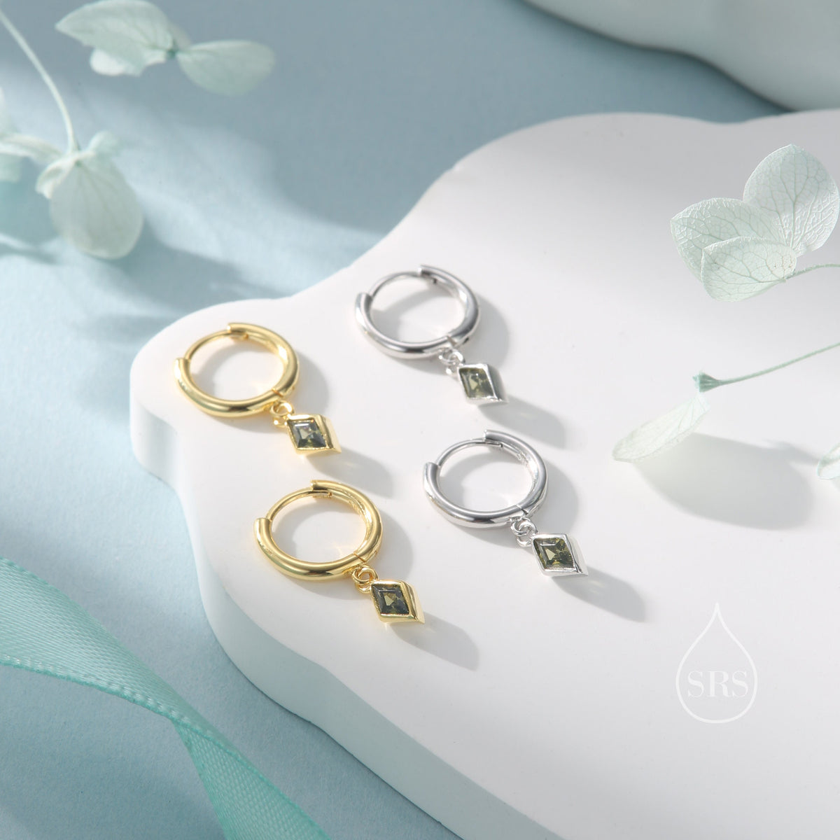 Very Tiny Rhombus Olive Green CZ Huggie Hoop in Sterling Silver, Silver or Gold, Minimalist Simple Kite Shape CZ Hoop Earrings
