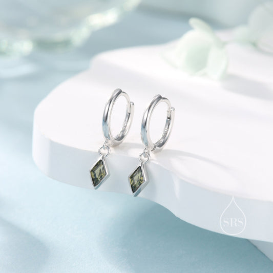 Very Tiny Rhombus Olive Green CZ Huggie Hoop in Sterling Silver, Silver or Gold, Minimalist Simple Kite Shape CZ Hoop Earrings