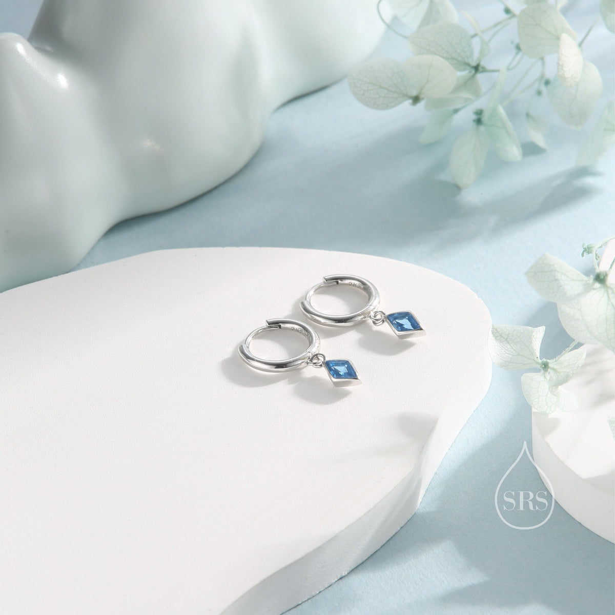 Very Tiny Rhombus Aquamarine Blue CZ Huggie Hoop in Sterling Silver, Silver or Gold, Minimalist Simple Kite Shape CZ Hoop Earrings