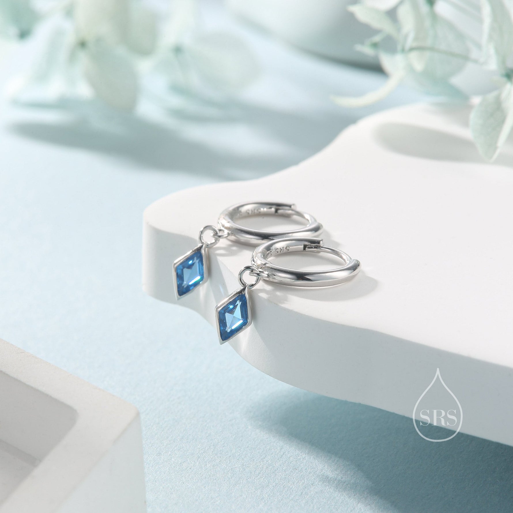 Very Tiny Rhombus Aquamarine Blue CZ Huggie Hoop in Sterling Silver, Silver or Gold, Minimalist Simple Kite Shape CZ Hoop Earrings