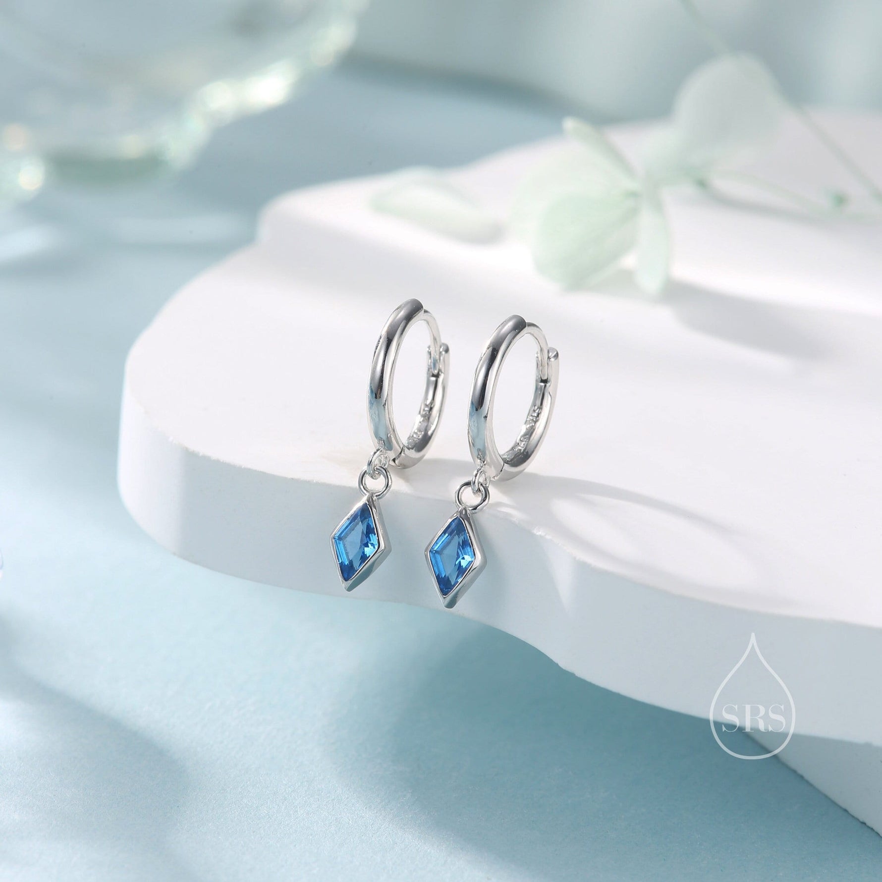 Very Tiny Rhombus Aquamarine Blue CZ Huggie Hoop in Sterling Silver, Silver or Gold, Minimalist Simple Kite Shape CZ Hoop Earrings