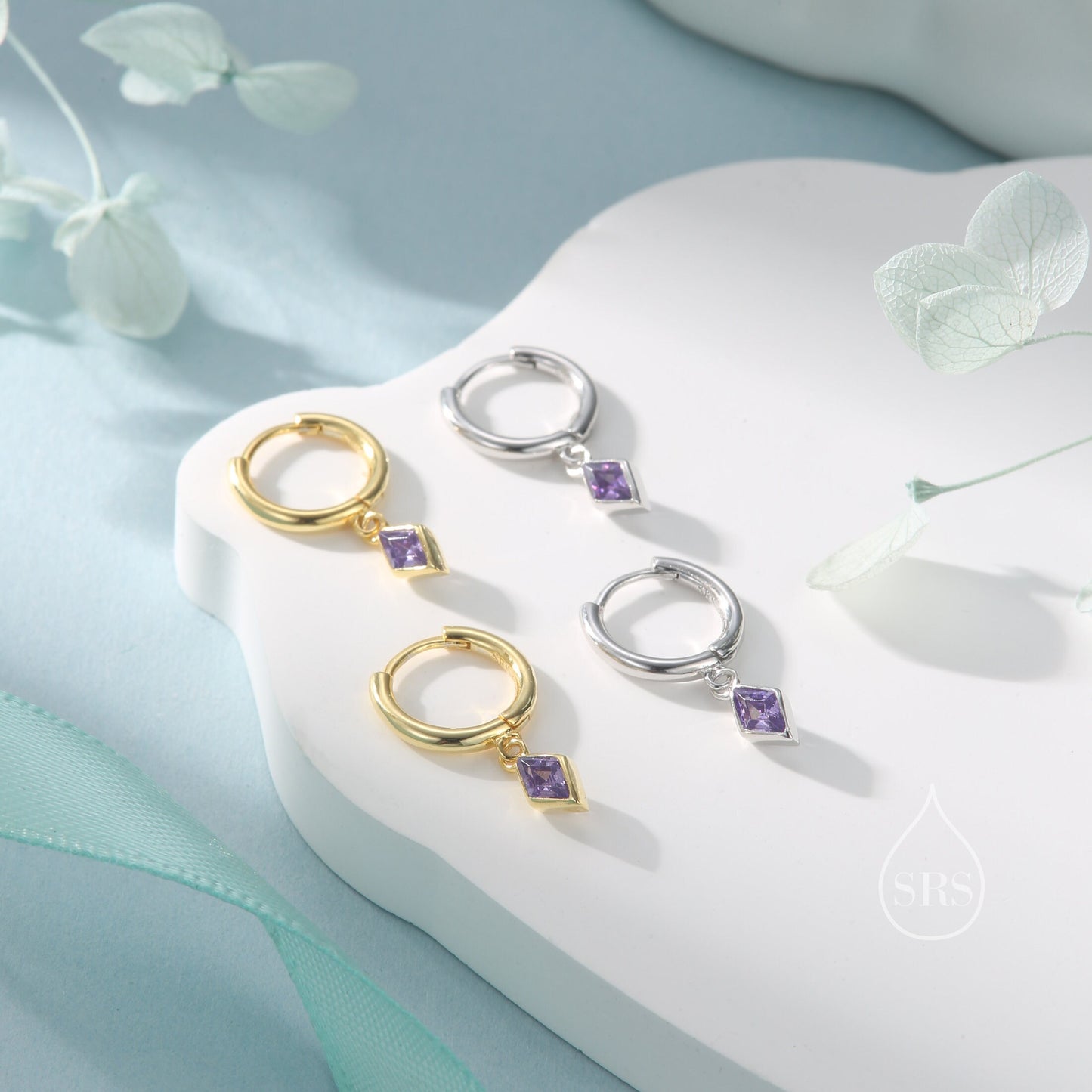 Very Tiny Rhombus Amethyst Purple CZ Huggie Hoop in Sterling Silver, Silver or Gold, Minimalist Simple Kite Shape CZ Hoop Earrings