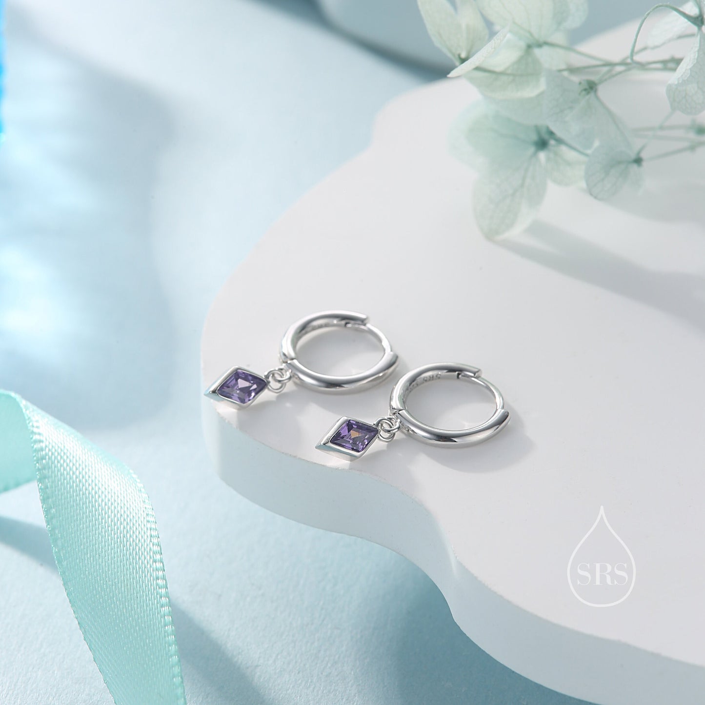 Very Tiny Rhombus Amethyst Purple CZ Huggie Hoop in Sterling Silver, Silver or Gold, Minimalist Simple Kite Shape CZ Hoop Earrings