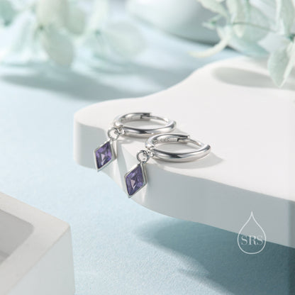 Very Tiny Rhombus Amethyst Purple CZ Huggie Hoop in Sterling Silver, Silver or Gold, Minimalist Simple Kite Shape CZ Hoop Earrings