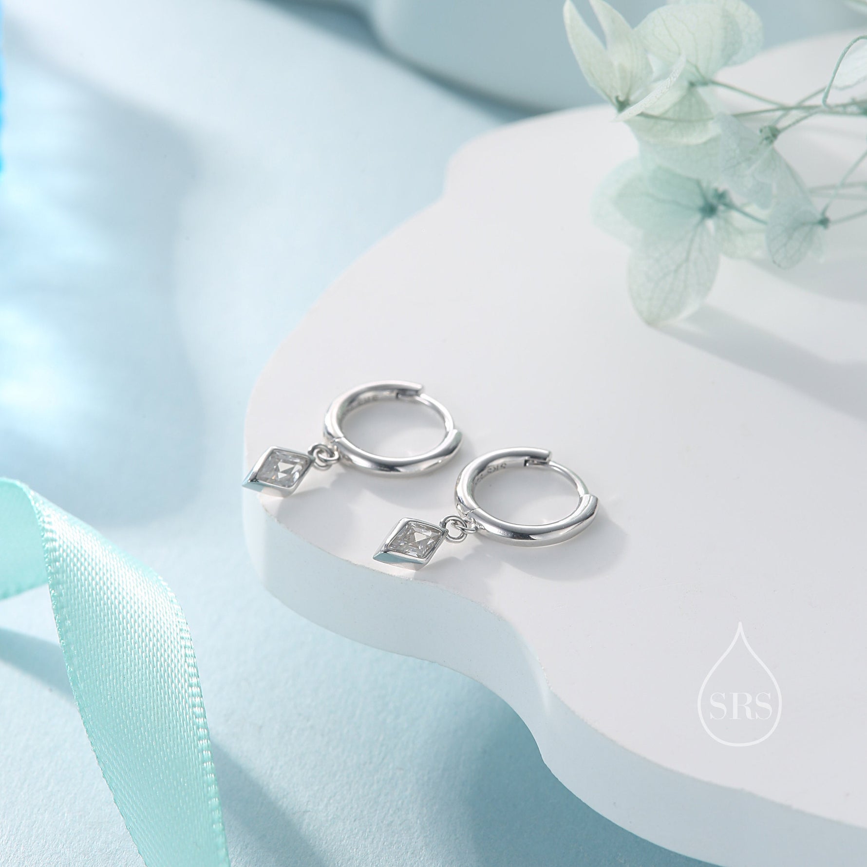 Very Tiny Rhombus Clear CZ Huggie Hoop in Sterling Silver, Silver or Gold, Minimalist Simple Kite Shape CZ Hoop Earrings