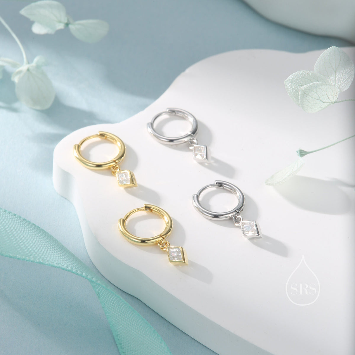 Very Tiny Rhombus Clear CZ Huggie Hoop in Sterling Silver, Silver or Gold, Minimalist Simple Kite Shape CZ Hoop Earrings