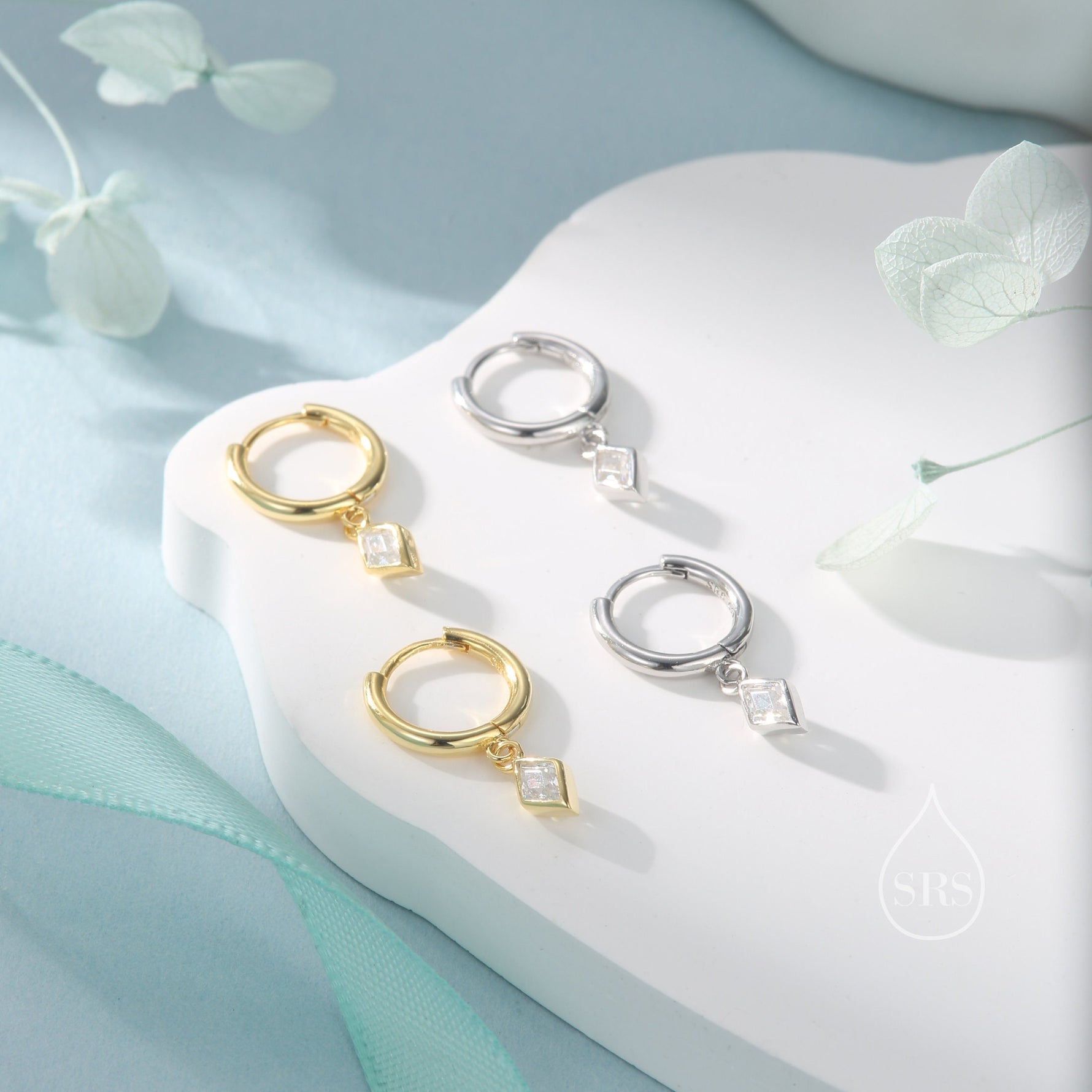 Very Tiny Rhombus Clear CZ Huggie Hoop in Sterling Silver, Silver or Gold, Minimalist Simple Kite Shape CZ Hoop Earrings