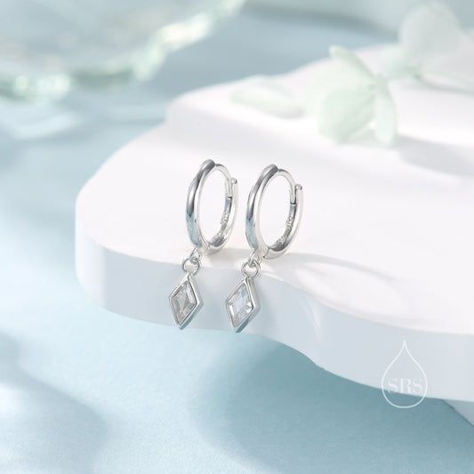Very Tiny Rhombus Clear CZ Huggie Hoop in Sterling Silver, Silver or Gold, Minimalist Simple Kite Shape CZ Hoop Earrings