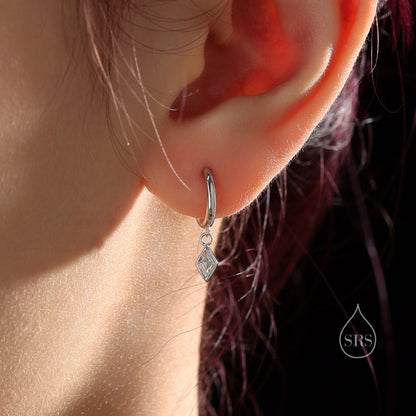 Very Tiny Rhombus Clear CZ Huggie Hoop in Sterling Silver, Silver or Gold, Minimalist Simple Kite Shape CZ Hoop Earrings