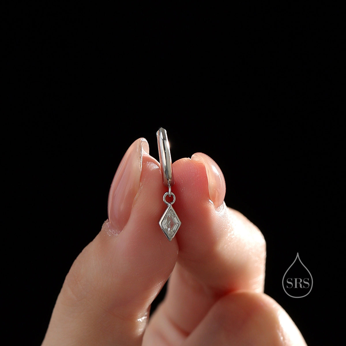 Very Tiny Rhombus Clear CZ Huggie Hoop in Sterling Silver, Silver or Gold, Minimalist Simple Kite Shape CZ Hoop Earrings