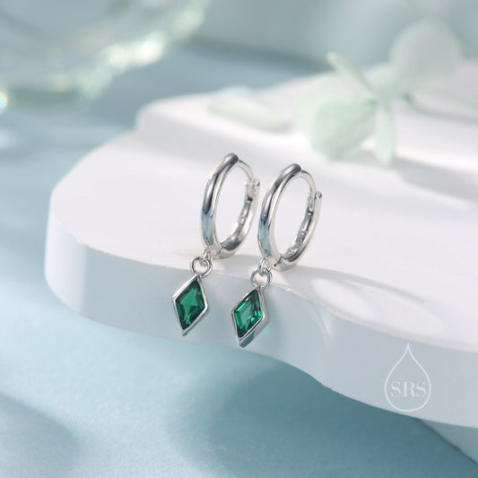 Very Tiny Rhombus Emerald Green CZ Huggie Hoop in Sterling Silver, Silver or Gold, Minimalist Simple Kite Shape CZ Hoop Earrings