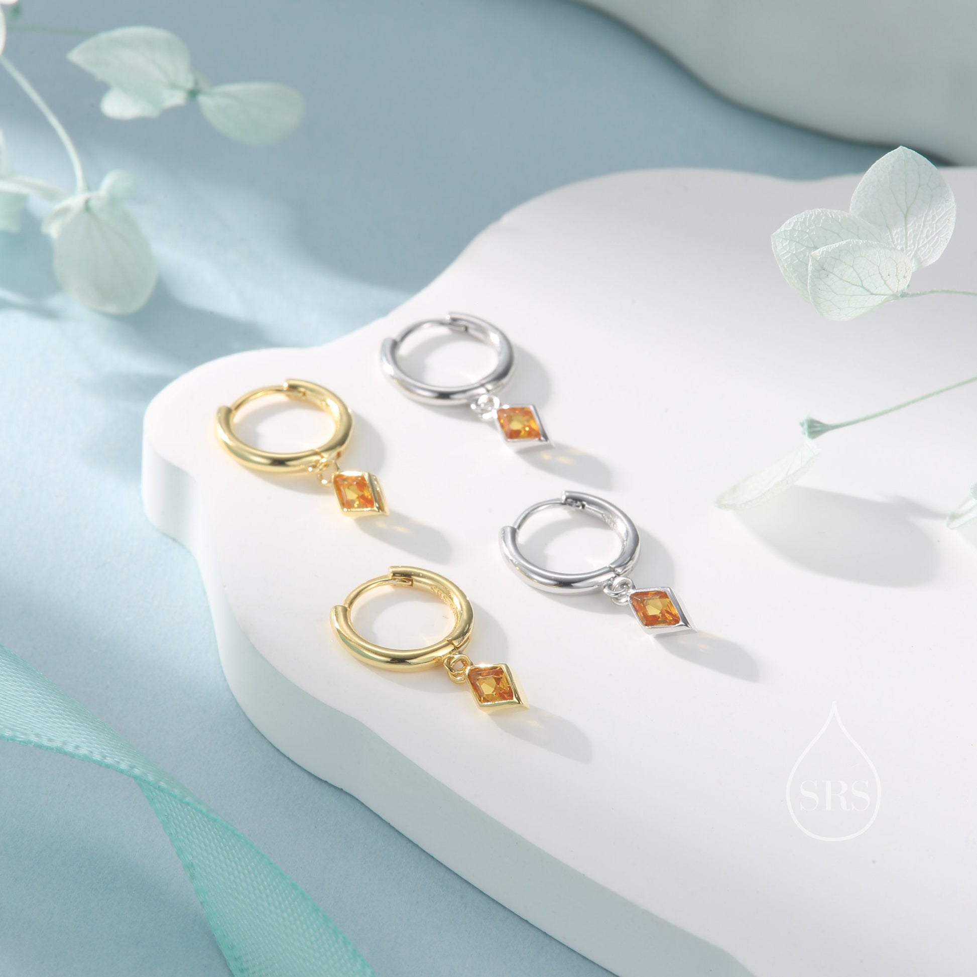 Very Tiny Rhombus Citrine Yellow CZ Huggie Hoop in Sterling Silver, Silver or Gold, Minimalist Simple Kite Shape CZ Hoop Earrings