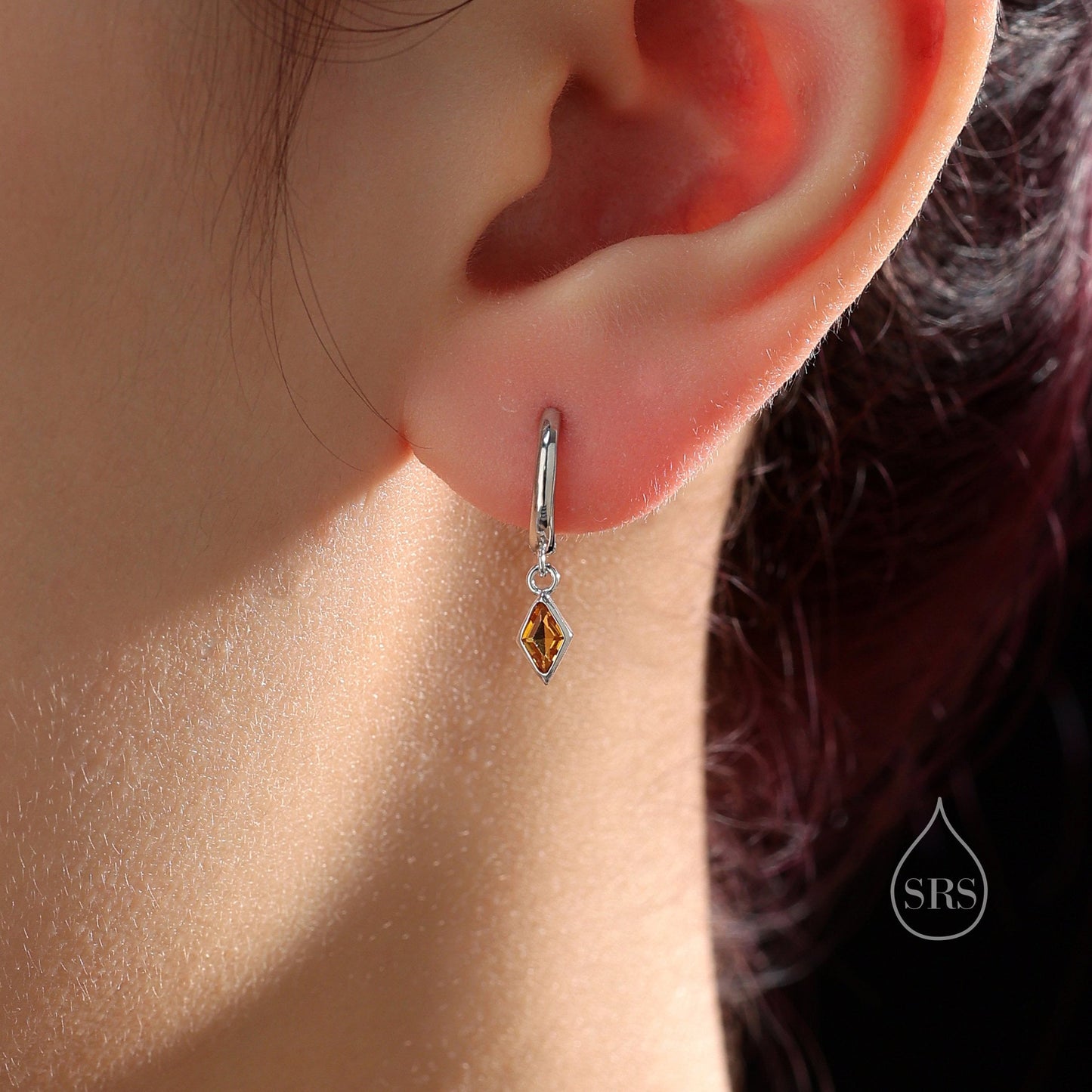 Very Tiny Rhombus Citrine Yellow CZ Huggie Hoop in Sterling Silver, Silver or Gold, Minimalist Simple Kite Shape CZ Hoop Earrings