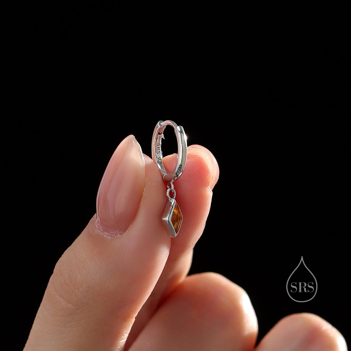 Very Tiny Rhombus Citrine Yellow CZ Huggie Hoop in Sterling Silver, Silver or Gold, Minimalist Simple Kite Shape CZ Hoop Earrings