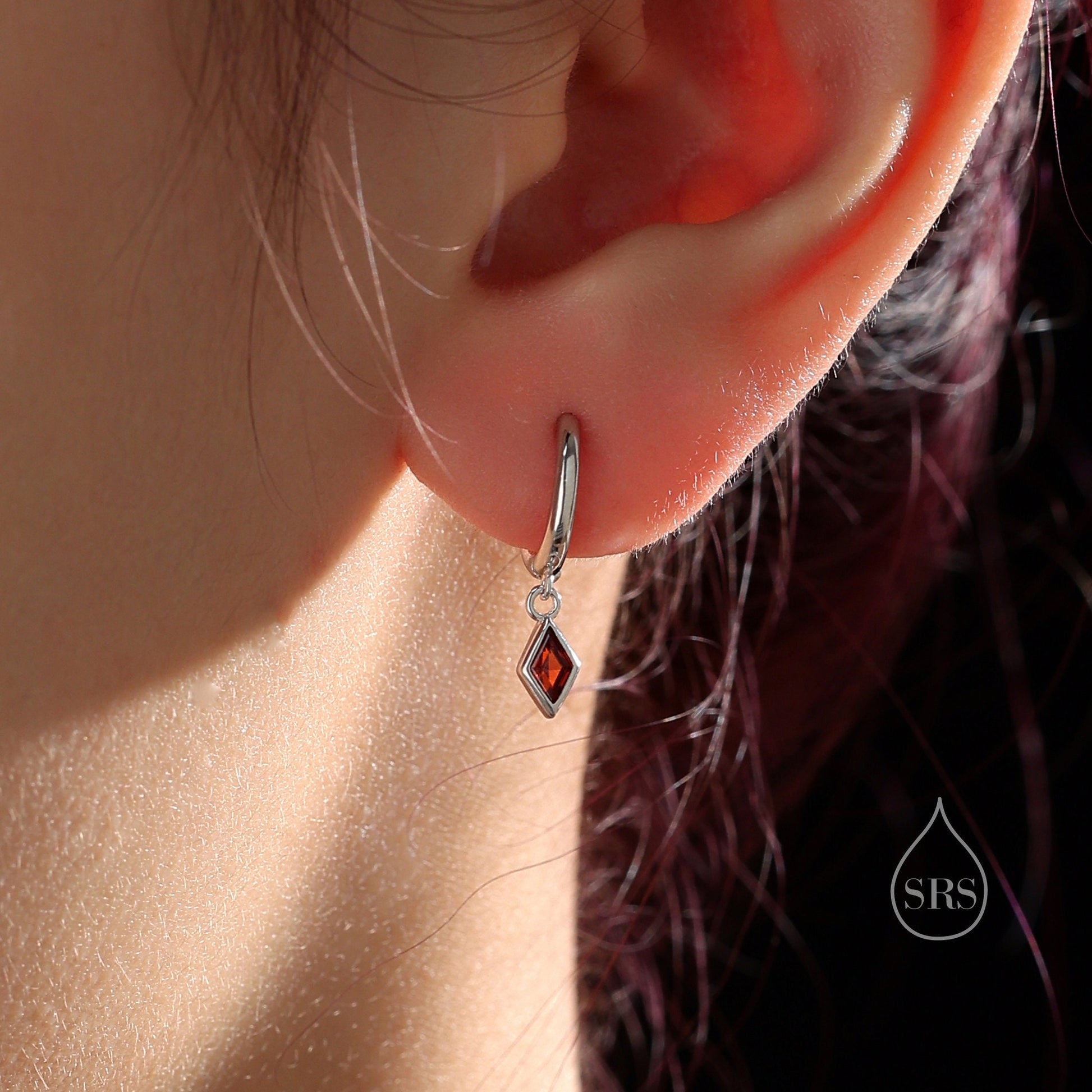 Very Tiny Rhombus Garnet Red CZ Huggie Hoop in Sterling Silver, Silver or Gold, Minimalist Simple Kite Shape CZ Hoop Earrings