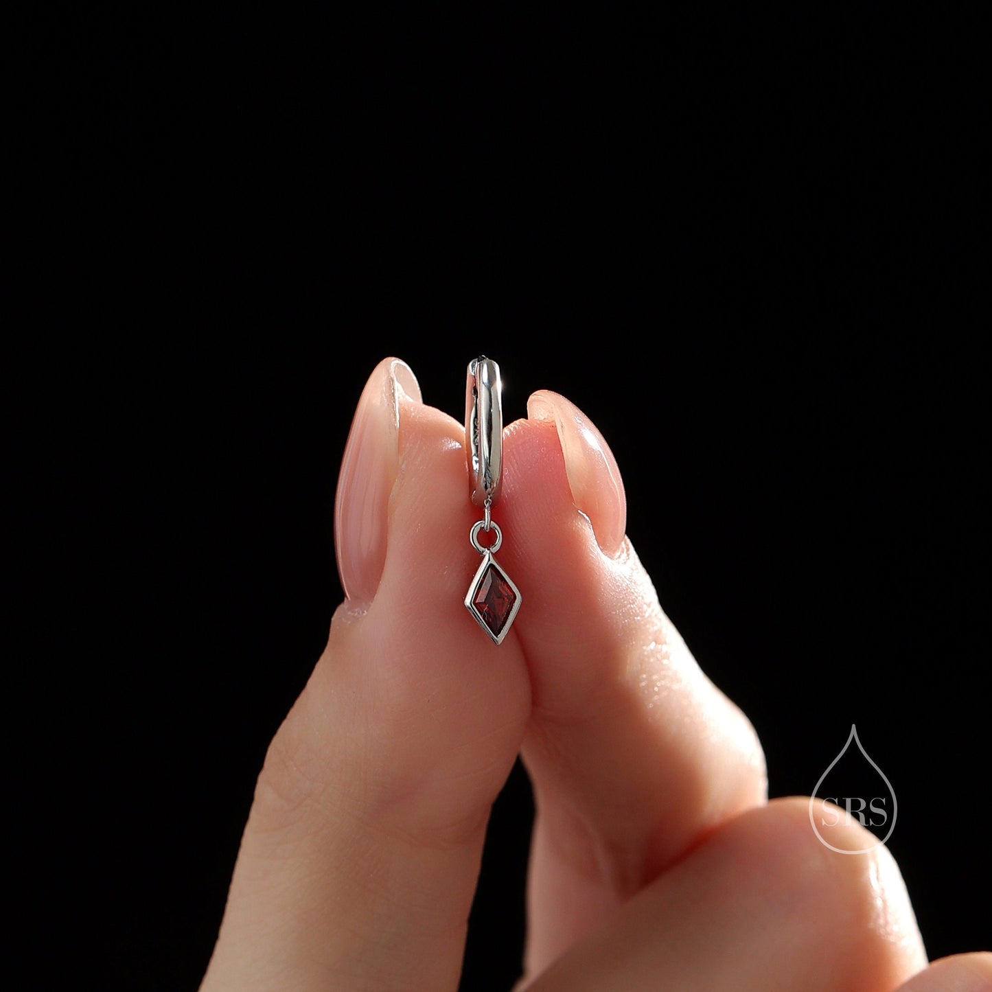 Very Tiny Rhombus Garnet Red CZ Huggie Hoop in Sterling Silver, Silver or Gold, Minimalist Simple Kite Shape CZ Hoop Earrings