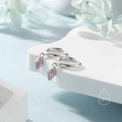 Very Tiny Rhombus Tourmaline Pink CZ Huggie Hoop in Sterling Silver, Silver or Gold, Minimalist Simple Kite Shape CZ Hoop Earrings