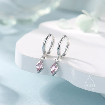 Very Tiny Rhombus Tourmaline Pink CZ Huggie Hoop in Sterling Silver, Silver or Gold, Minimalist Simple Kite Shape CZ Hoop Earrings