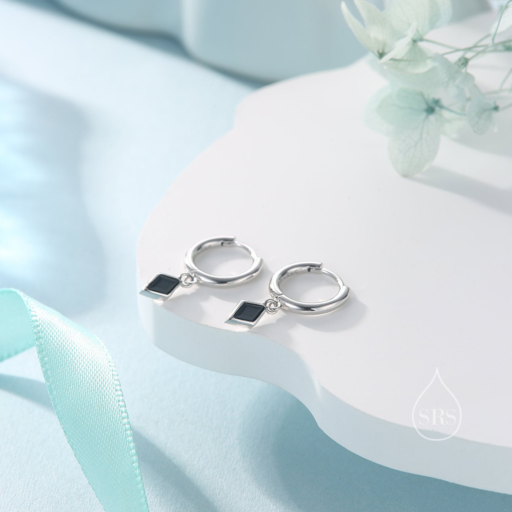 Very Tiny Rhombus Onyx Black CZ Huggie Hoop in Sterling Silver, Silver or Gold, Minimalist Simple Kite Shape CZ Hoop Earrings