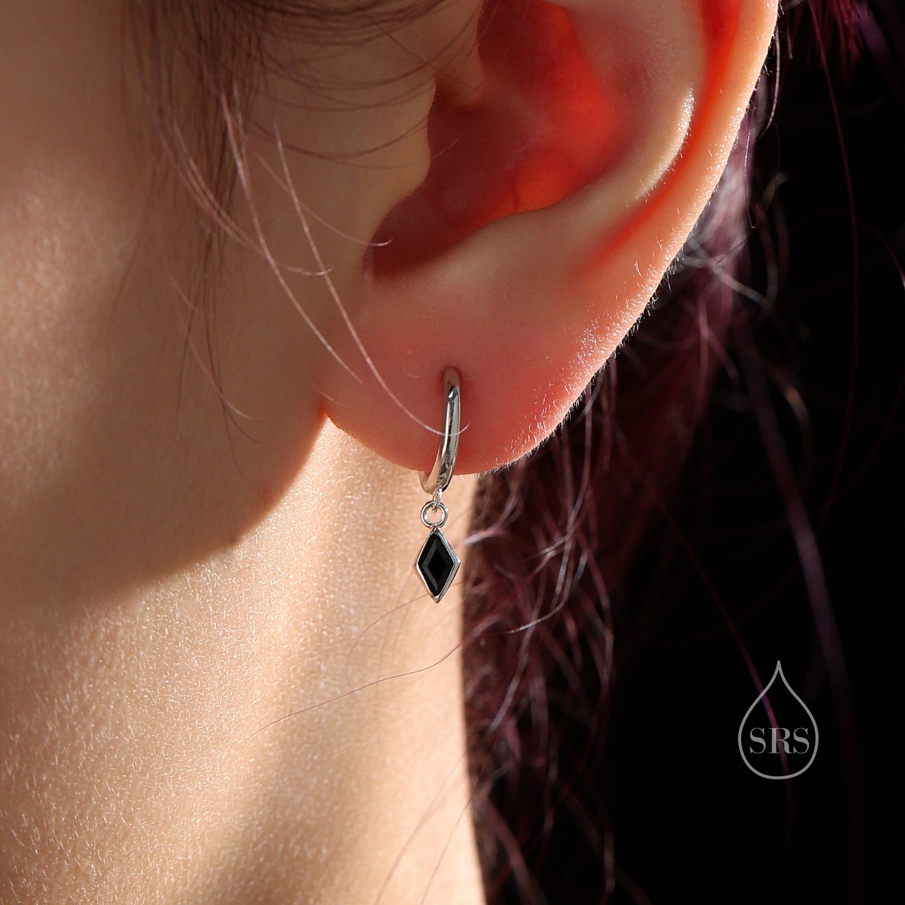 Very Tiny Rhombus Onyx Black CZ Huggie Hoop in Sterling Silver, Silver or Gold, Minimalist Simple Kite Shape CZ Hoop Earrings