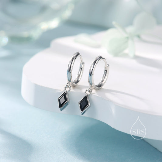 Very Tiny Rhombus Onyx Black CZ Huggie Hoop in Sterling Silver, Silver or Gold, Minimalist Simple Kite Shape CZ Hoop Earrings