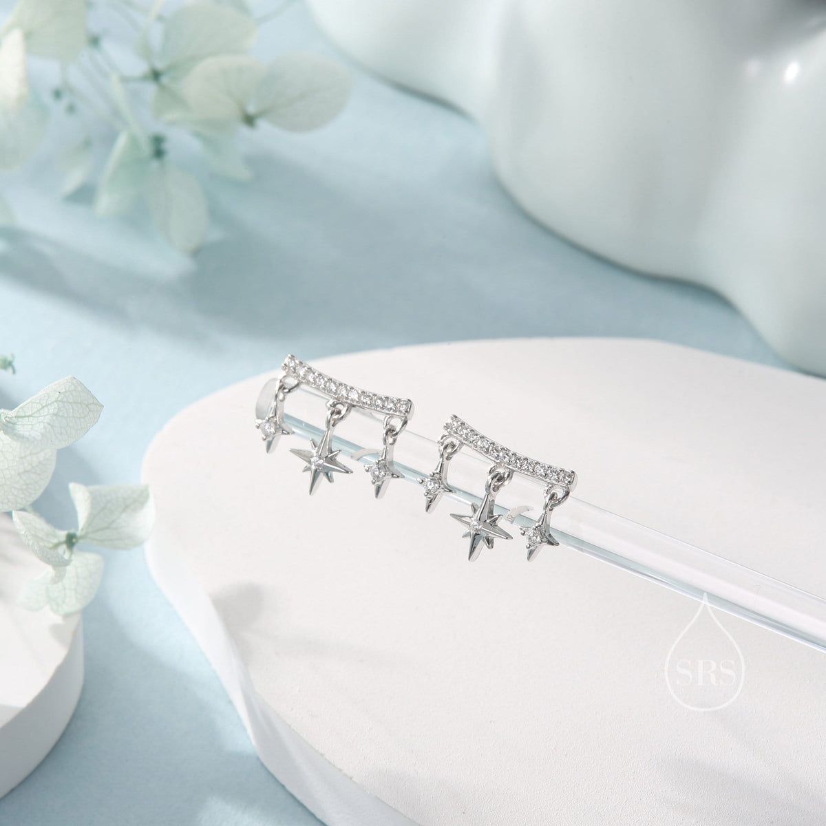 Dangling Star and Starburst Curved Bar Stud Earrings in Sterling Silver, Moon and Star Earrings in Sterling Silver, Gold or Rose Gold