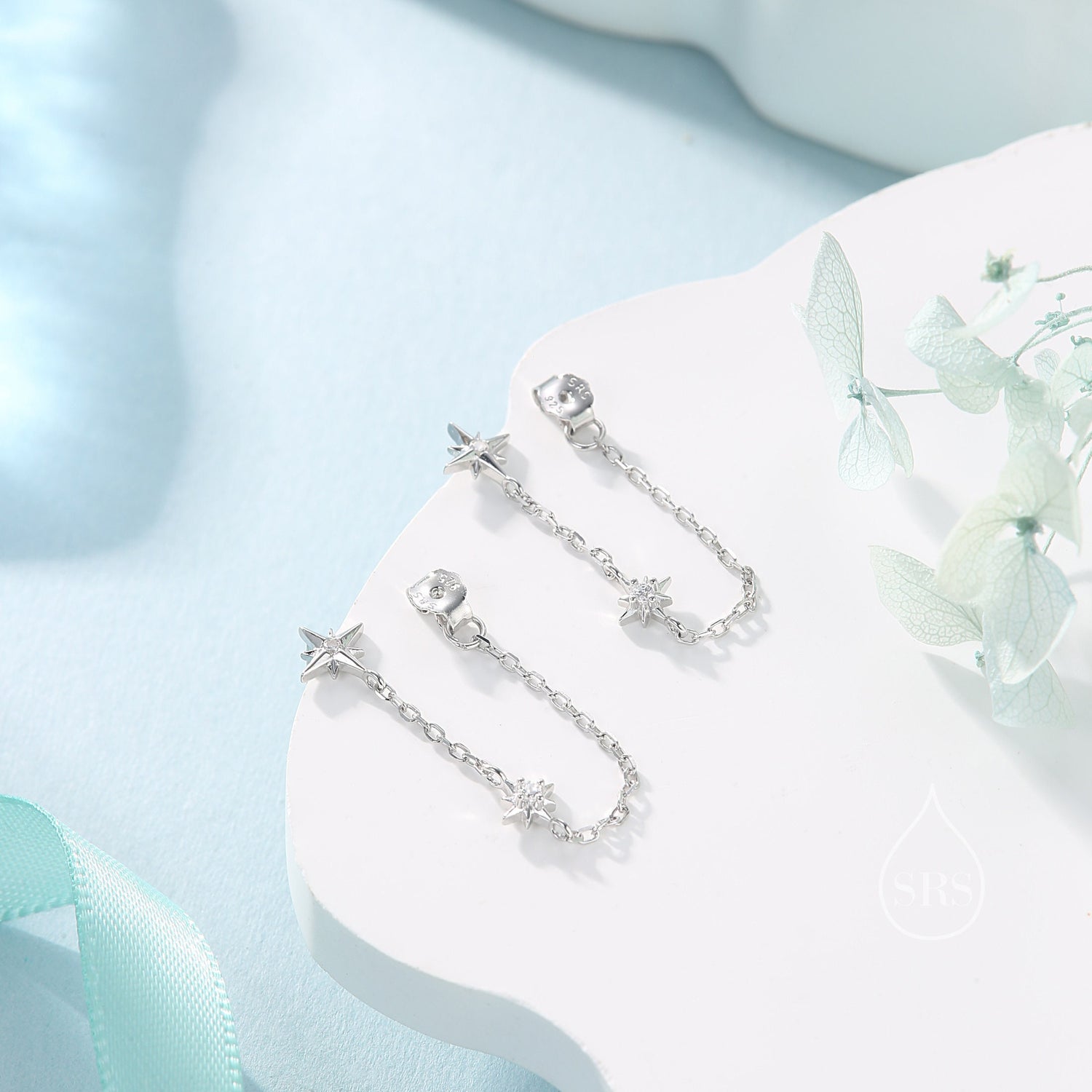 Starburst CZ Dangle Chain Stud Earrings in Sterling Silver, Silver, Gold or Rose Gold, North Star Earrings, Star Ear Jacket