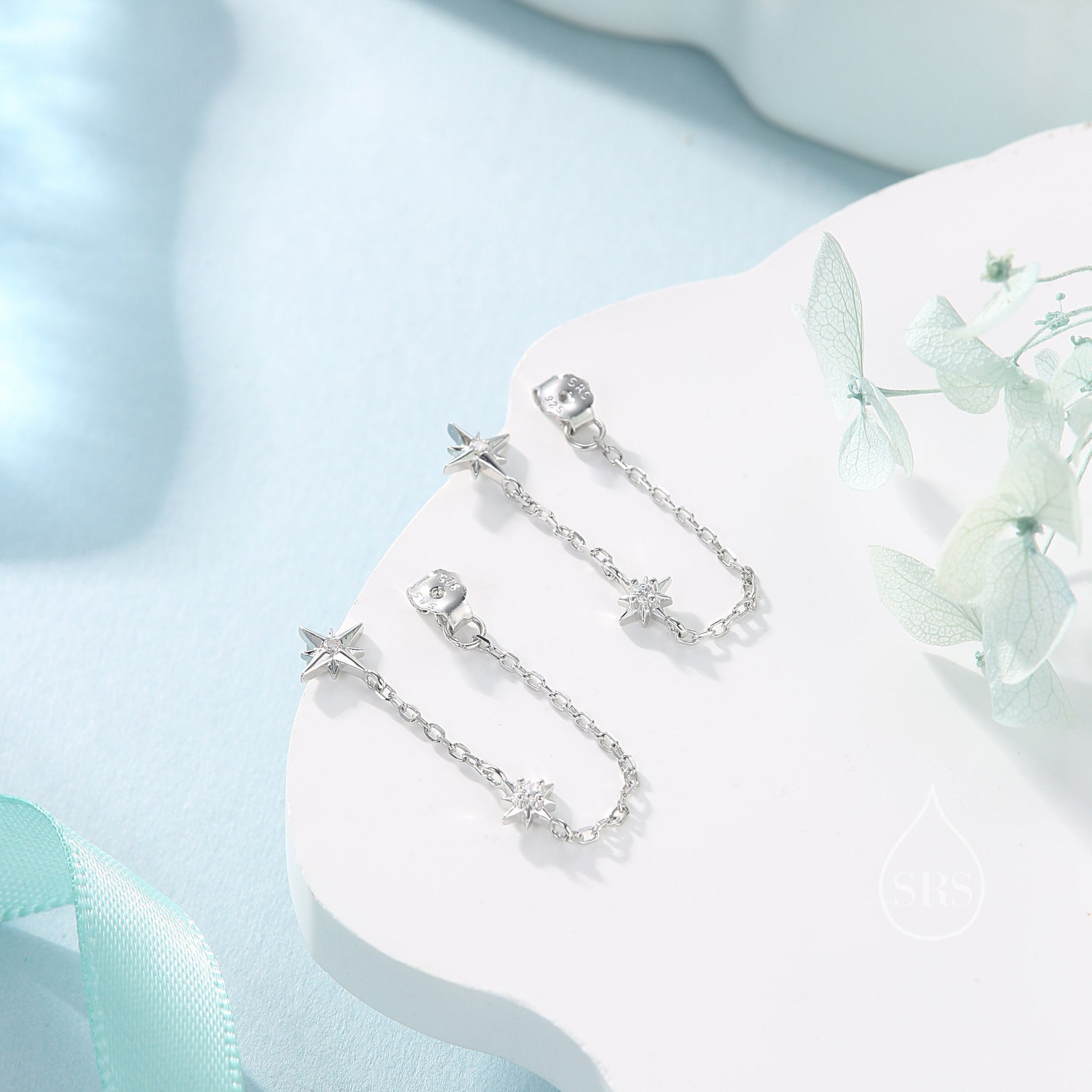 Starburst CZ Dangle Chain Stud Earrings in Sterling Silver, Silver, Gold or Rose Gold, North Star Earrings, Star Ear Jacket