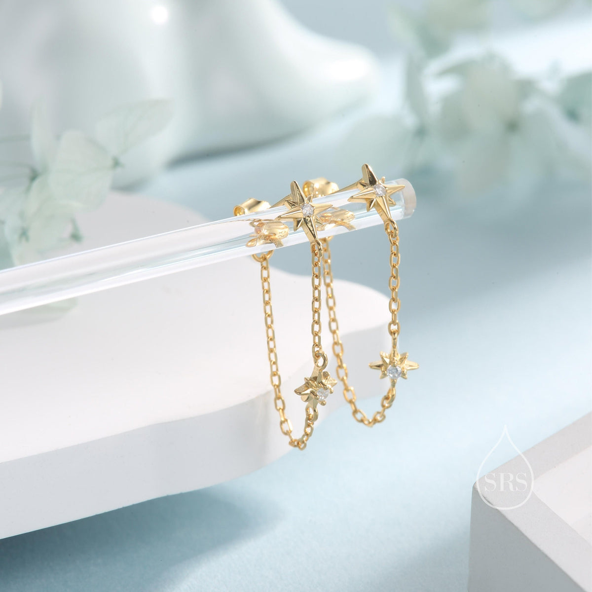 Starburst CZ Dangle Chain Stud Earrings in Sterling Silver, Silver, Gold or Rose Gold, North Star Earrings, Star Ear Jacket