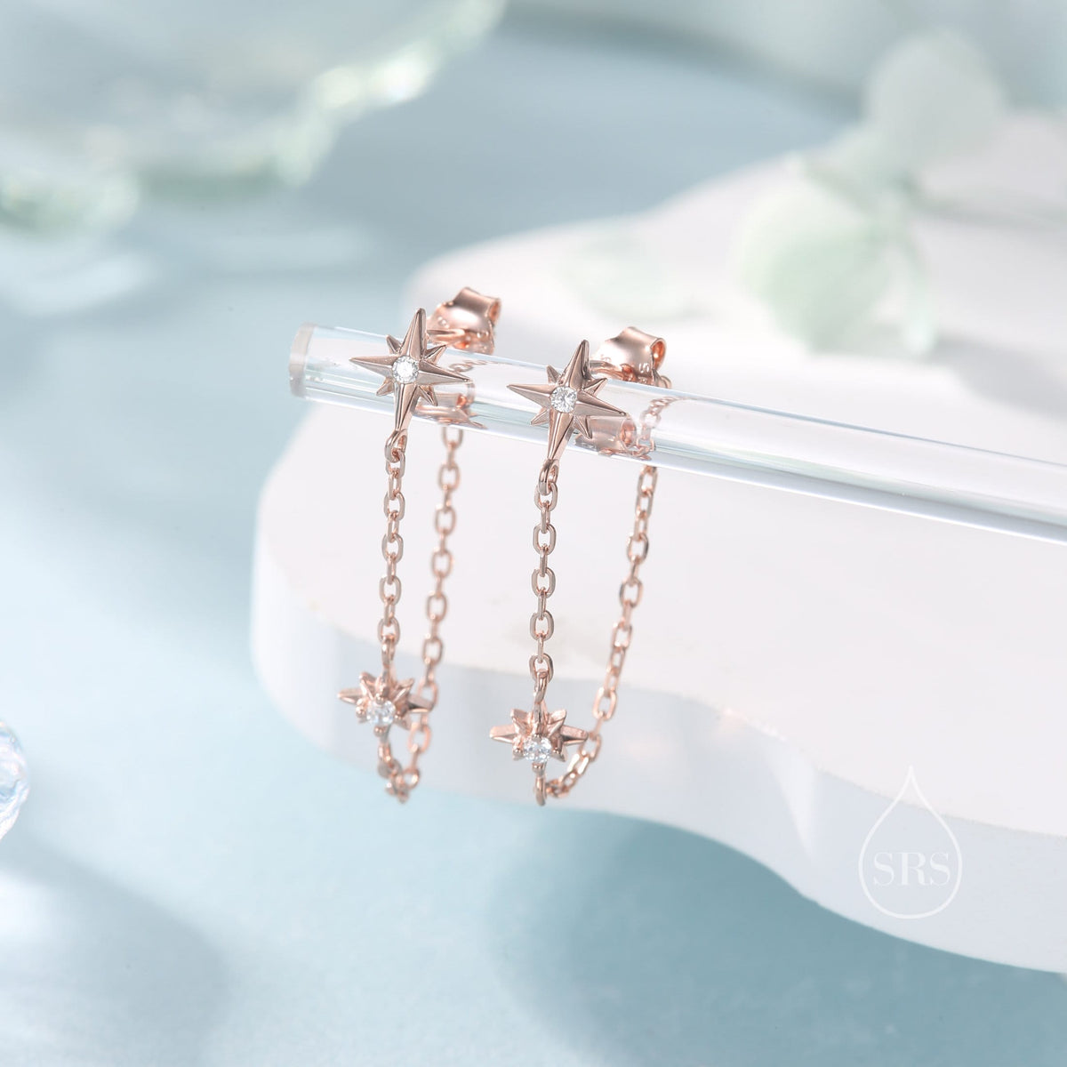 Starburst CZ Dangle Chain Stud Earrings in Sterling Silver, Silver, Gold or Rose Gold, North Star Earrings, Star Ear Jacket