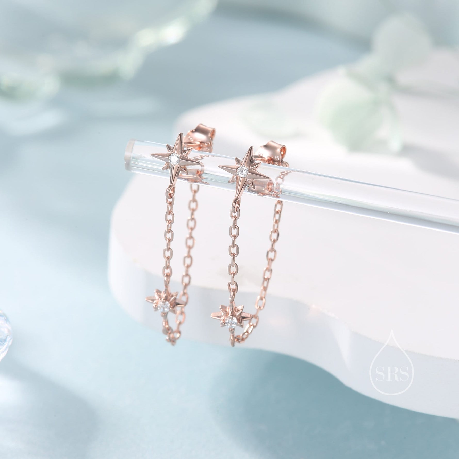 Starburst CZ Dangle Chain Stud Earrings in Sterling Silver, Silver, Gold or Rose Gold, North Star Earrings, Star Ear Jacket
