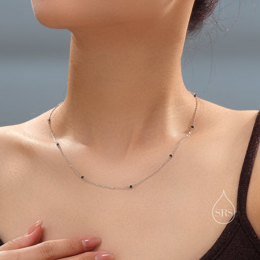 2mm Black Spinel Beaded Satellite Chain Necklace in Sterling Silver, Silver or Gold, Choker Necklace, Minimalist Geometric Style