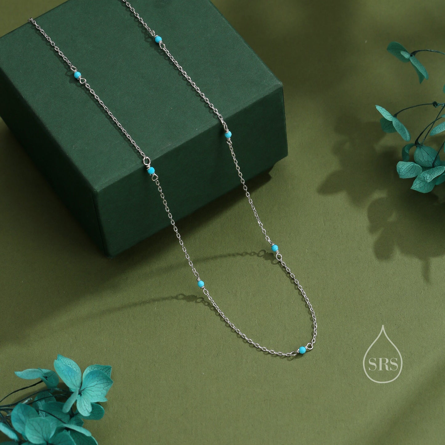 2mm Turquoise Beaded Satellite Chain Necklace in Sterling Silver, Silver or Gold, Choker Necklace, Minimalist Geometric Style