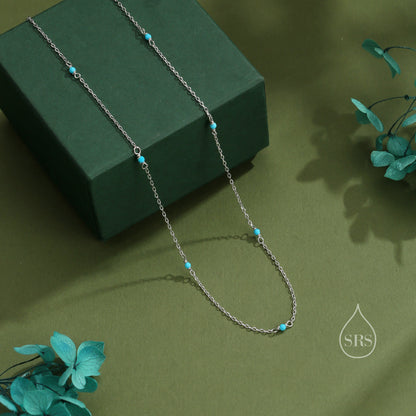 2mm Turquoise Beaded Satellite Chain Necklace in Sterling Silver, Silver or Gold, Choker Necklace, Minimalist Geometric Style