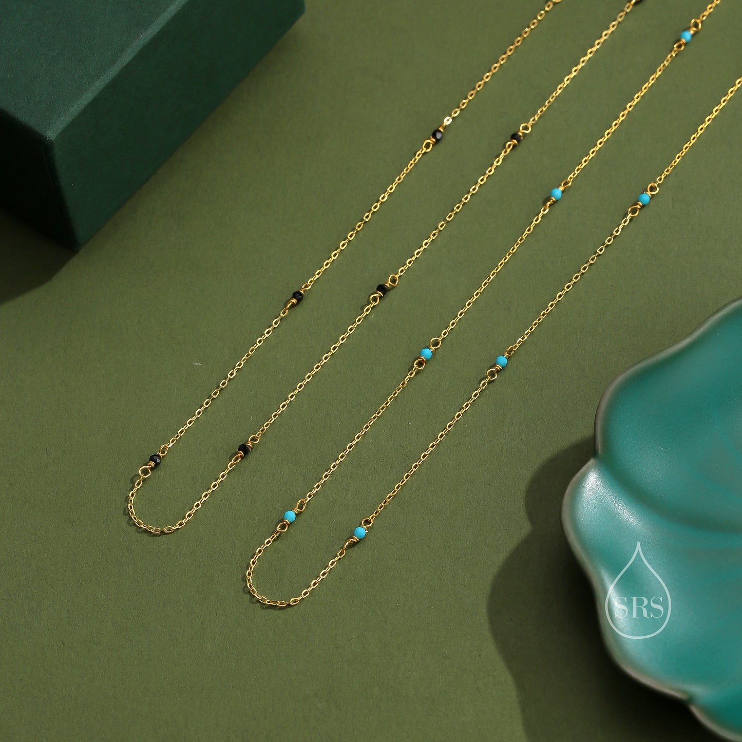 2mm Turquoise Beaded Satellite Chain Necklace in Sterling Silver, Silver or Gold, Choker Necklace, Minimalist Geometric Style