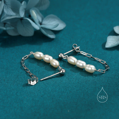 Sterling Silver Genuine Oval Pearl and Chain Earrings in Sterling Silver, Silver or Gold, Tiny Ear Jacket, Dainty Jewellery