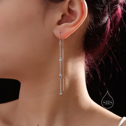 CZ Bezel Cascade Drop U Threader Earrings in Sterling Silver, Silver or Gold, Geometric CZ Long Dangle Drop Earrings