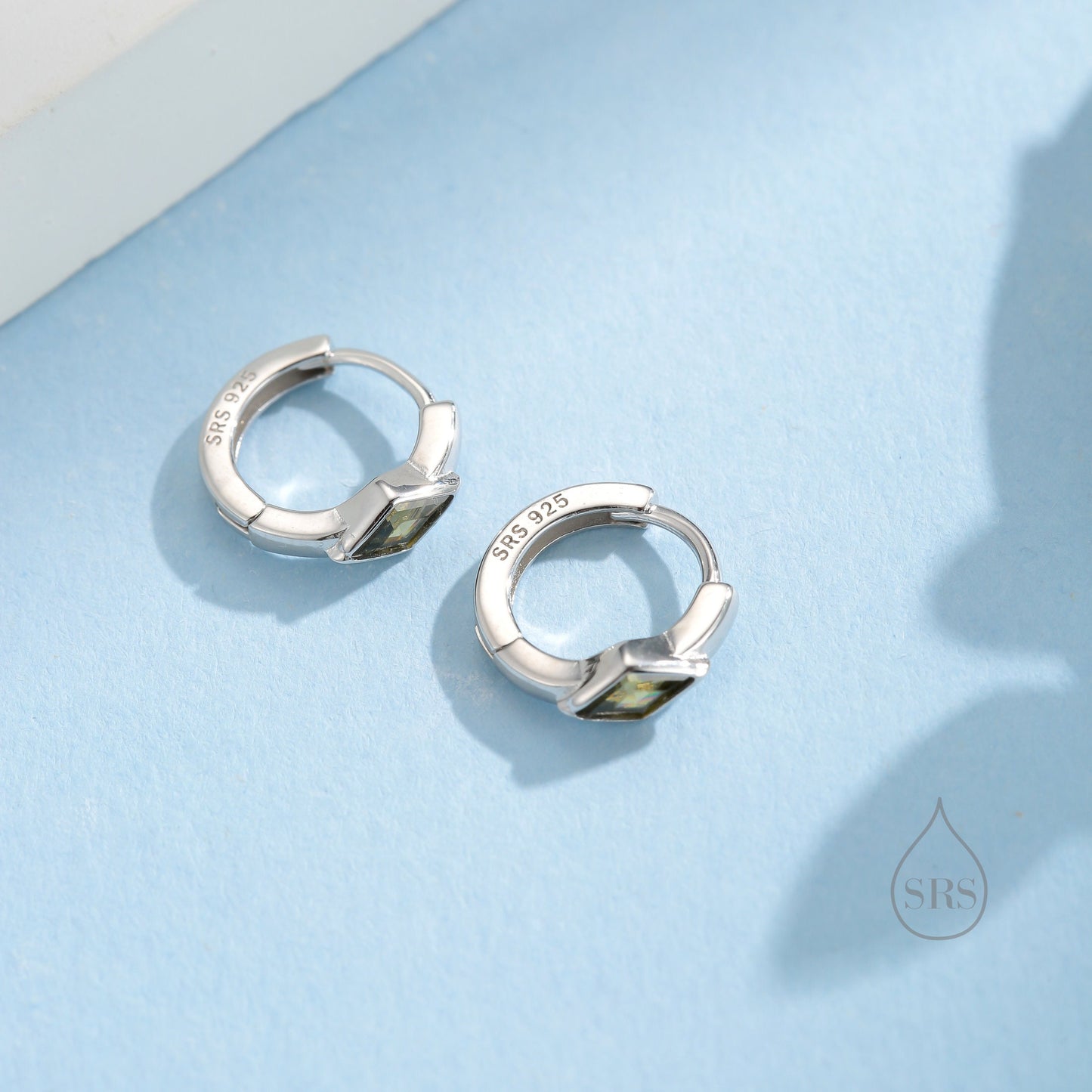 Tiny Rhombus Olive Green CZ Huggie Hoop in Sterling Silver, Silver or Gold, Minimalist Simple Kite Shape CZ Hoop Earrings